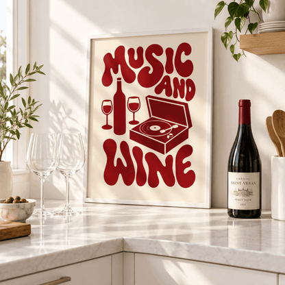 Music And Wine Art Print – Retro 70s Typography Kitchen Bar Wall Art & Framed Aesthetic Decor
