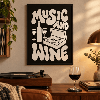 Music And Wine Art Print – Retro 70s Typography Kitchen Bar Wall Art & Framed Aesthetic Decor