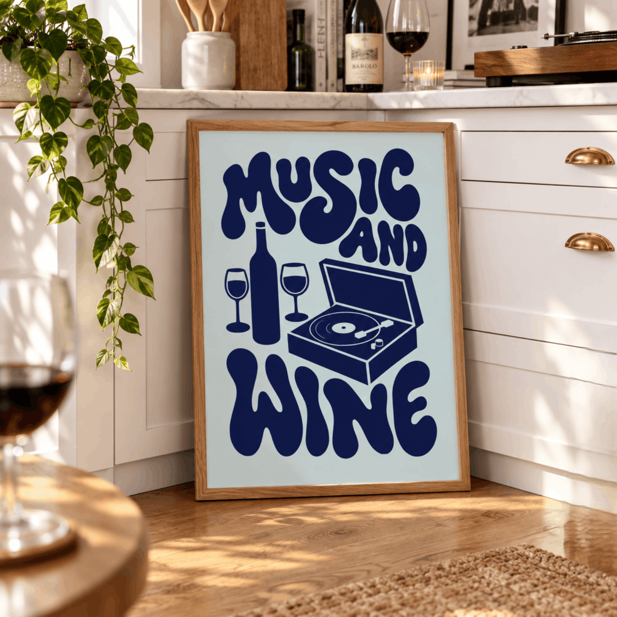 Music And Wine Art Print – Retro 70s Typography Kitchen Bar Wall Art & Framed Aesthetic Decor