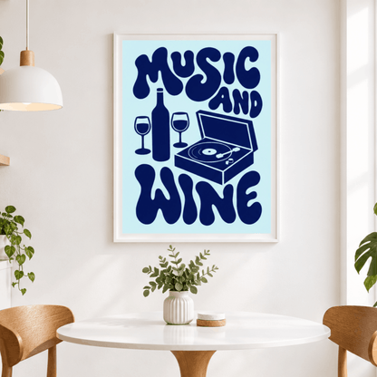 Music And Wine Art Print – Retro 70s Typography Kitchen Bar Wall Art & Framed Aesthetic Decor