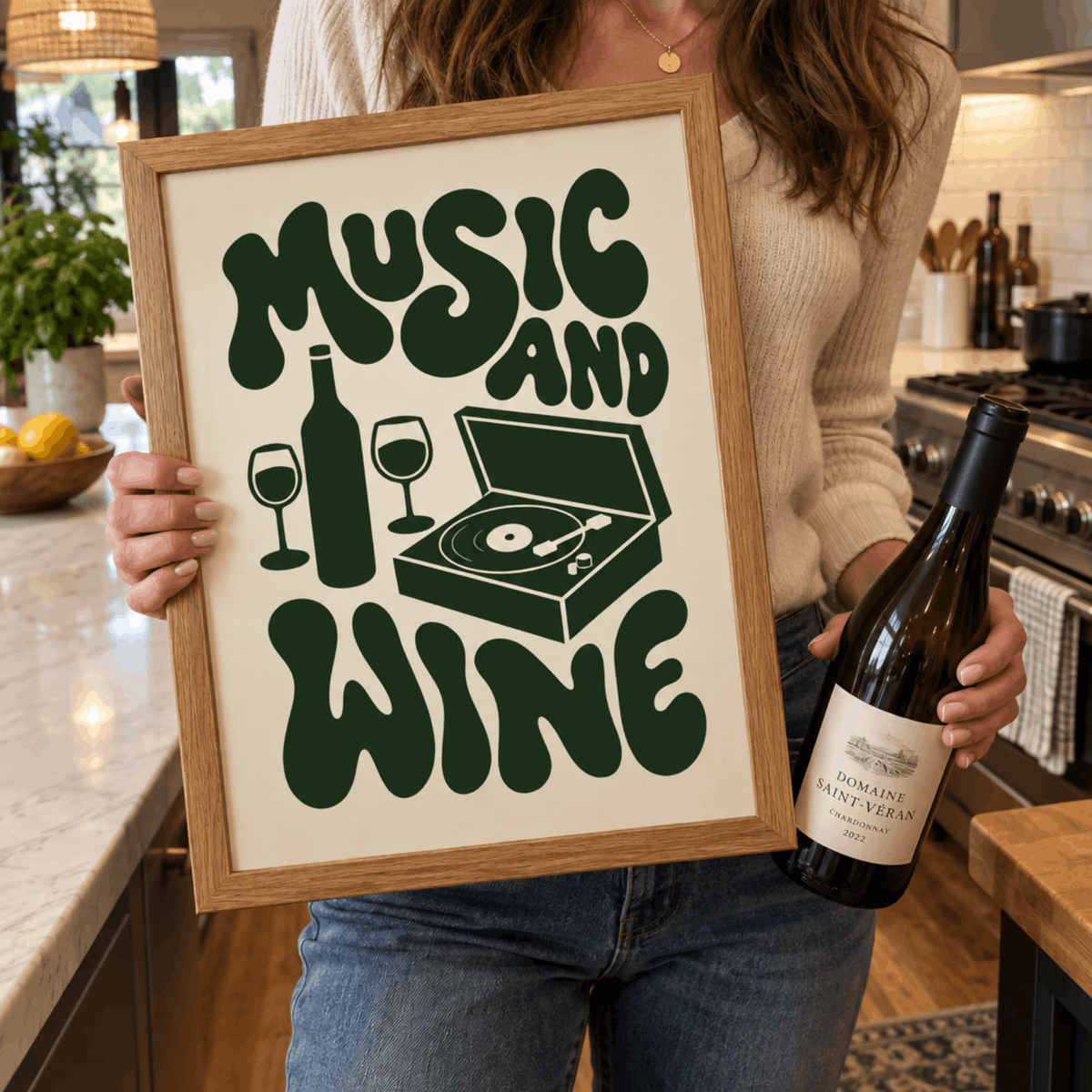 Music And Wine Art Print – Retro 70s Typography Kitchen Bar Wall Art & Framed Aesthetic Decor