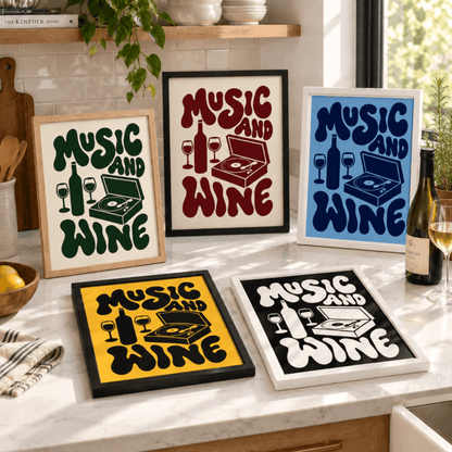 Music And Wine Art Print – Retro 70s Typography Kitchen Bar Wall Art & Framed Aesthetic Decor