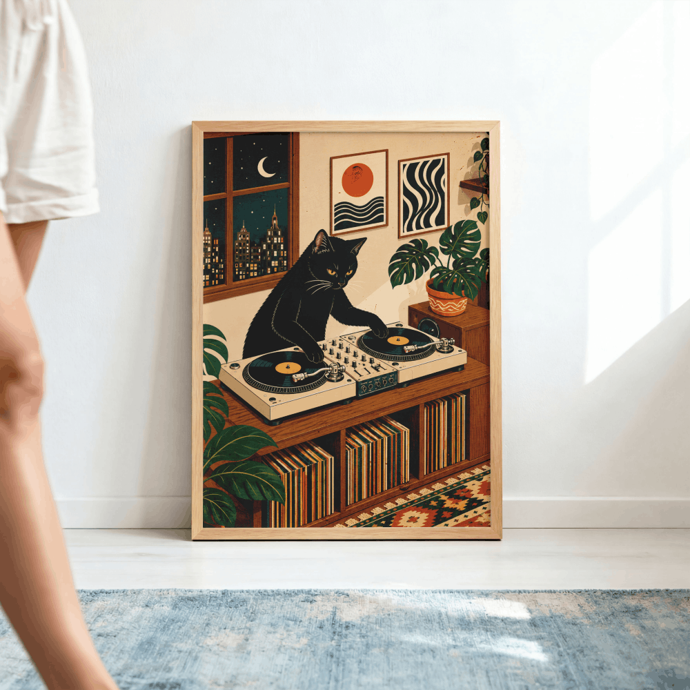DJ Black Cat Vinyl Record Art Print – Retro Aesthetic Music Room Poster & Framed Wall Decor