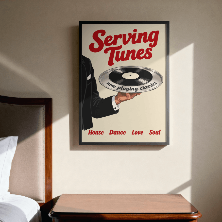 Serving Tunes Art Print – Retro Butler Vinyl Record Music Wall Art & Framed Aesthetic Decor