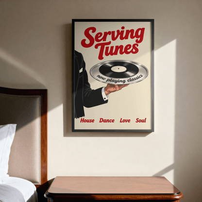 Serving Tunes Art Print – Retro Butler Vinyl Record Music Wall Art & Framed Aesthetic Decor