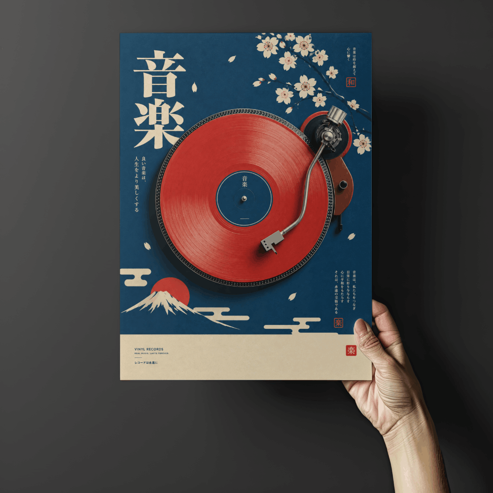 Japanese Cherry Blossom Vinyl Art Print – Retro Mount Fuji Turntable Music Wall Art & Framed Aesthetic Decor