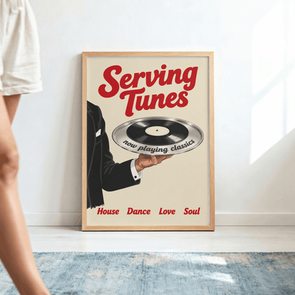 Serving Tunes Art Print – Retro Butler Vinyl Record Music Wall Art & Framed Aesthetic Decor