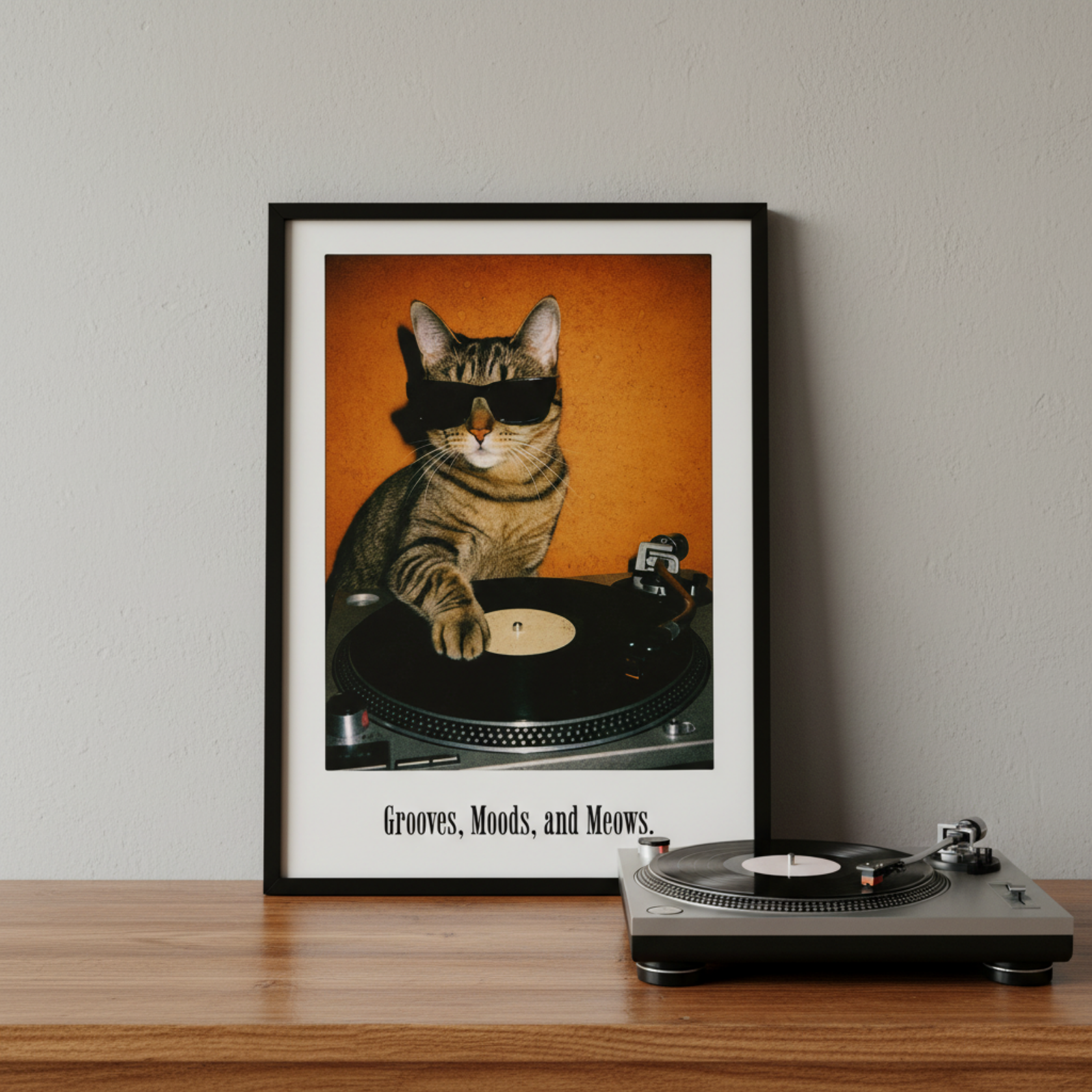 Retro DJ Cat Framed Poster | Grooves Moods and Meows Funny Cat Wall Art & Music Decor Musician Fusion