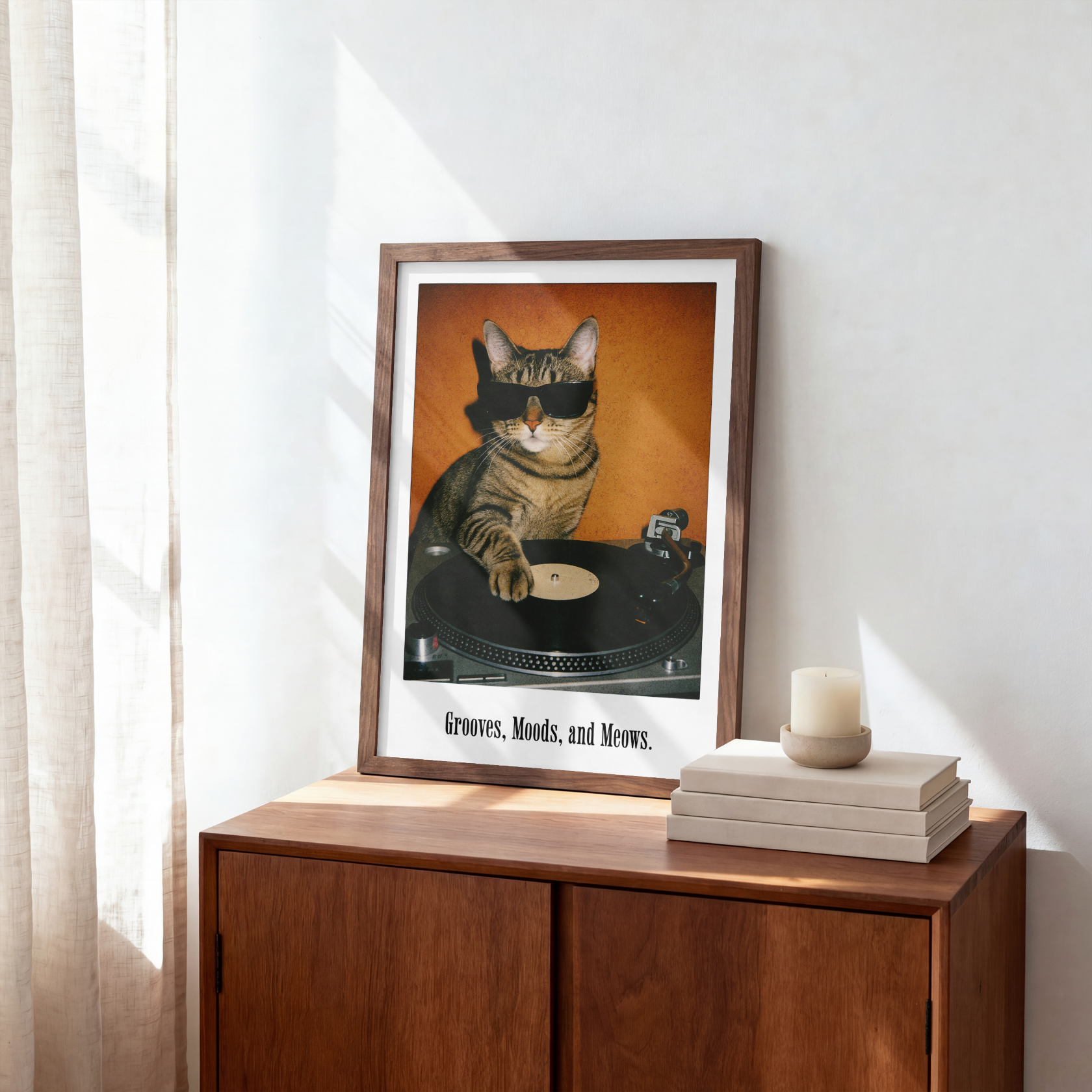 Retro DJ Cat Framed Poster | Grooves Moods and Meows Funny Cat Wall Art & Music Decor Musician Fusion