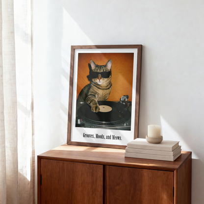 Retro DJ Cat Framed Poster | Grooves Moods and Meows Funny Cat Wall Art & Music Decor Musician Fusion