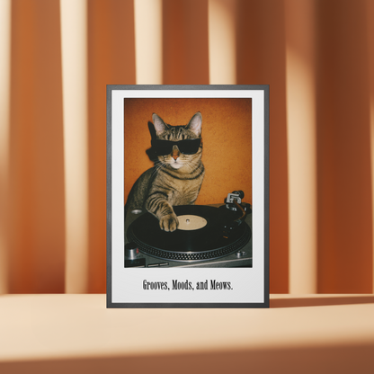 Retro DJ Cat Framed Poster | Grooves Moods and Meows Funny Cat Wall Art & Music Decor Musician Fusion