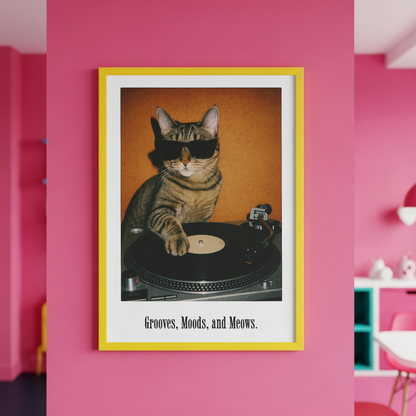 Retro DJ Cat Framed Poster | Grooves Moods and Meows Funny Cat Wall Art & Music Decor Musician Fusion