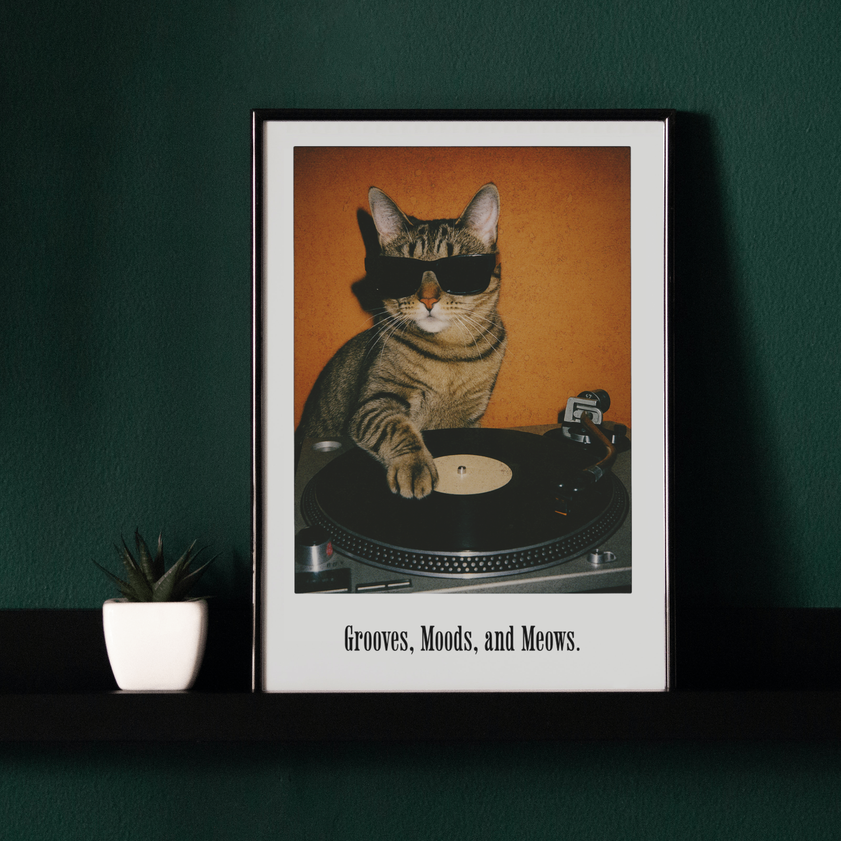 Retro DJ Cat Framed Poster | Grooves Moods and Meows Funny Cat Wall Art & Music Decor Musician Fusion