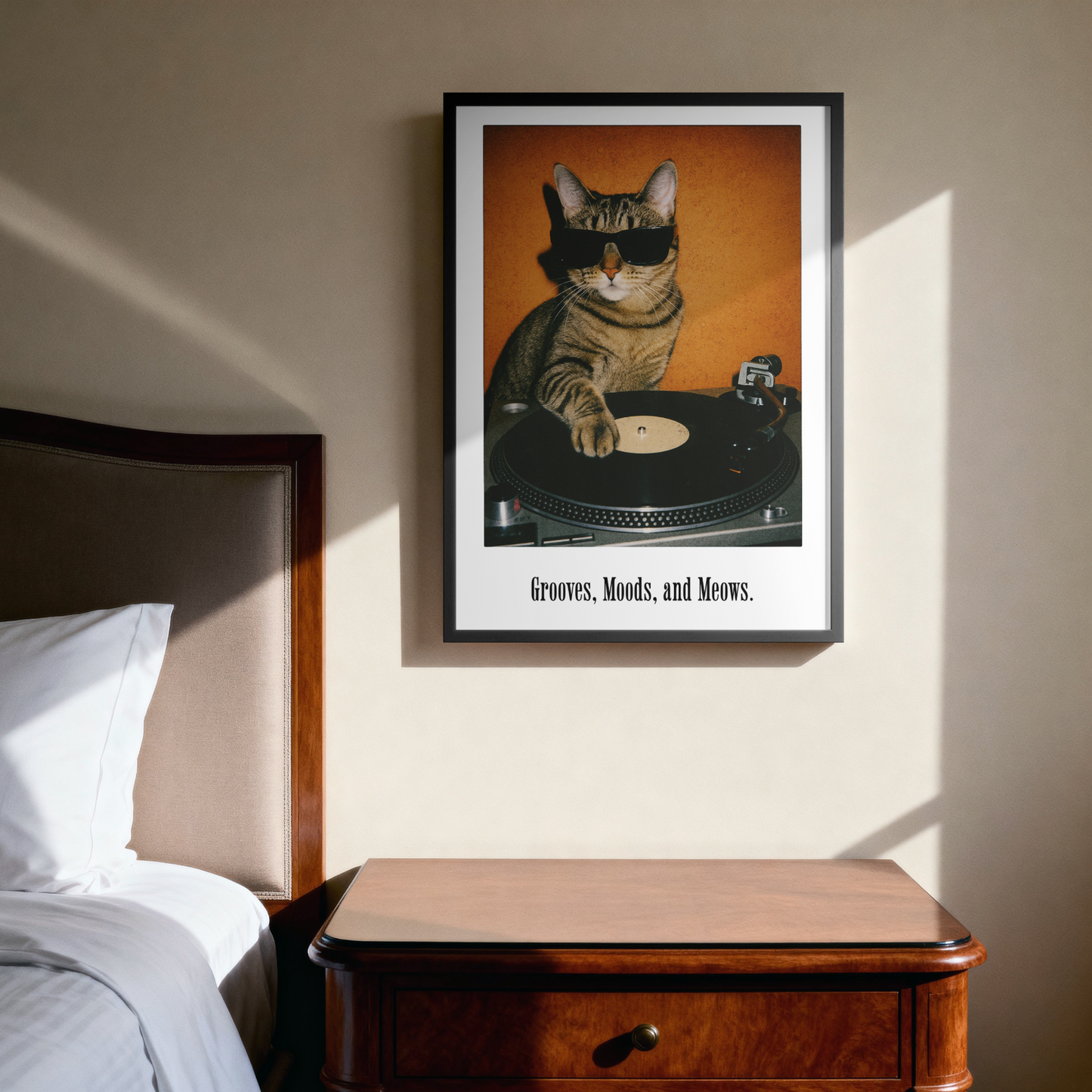 Retro DJ Cat Framed Poster | Grooves Moods and Meows Funny Cat Wall Art & Music Decor Musician Fusion