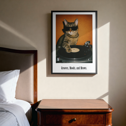 Retro DJ Cat Framed Poster | Grooves Moods and Meows Funny Cat Wall Art & Music Decor Musician Fusion