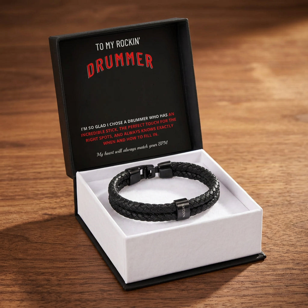 To My Rockin Drummer Braided Leather Bracelet - Funny Gift for Drummer Husband & Boyfriend