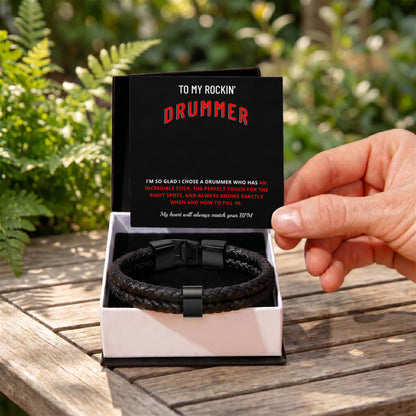 To My Rockin Drummer Braided Leather Bracelet - Funny Gift for Drummer Husband & Boyfriend