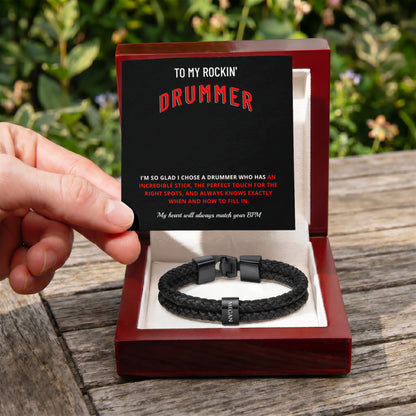 To My Rockin Drummer Braided Leather Bracelet - Funny Gift for Drummer Husband & Boyfriend
