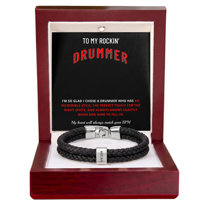 To My Rockin Drummer Braided Leather Bracelet - Funny Gift for Drummer Husband & Boyfriend
