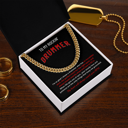 Drummer Husband Boyfriend Gift | "My Heart Matches Your BPM" Custom Message Card Cuban Chain for Him