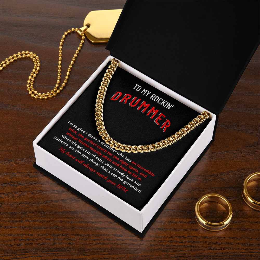 Drummer Husband Boyfriend Gift | "My Heart Matches Your BPM" Custom Message Card Cuban Chain for Him
