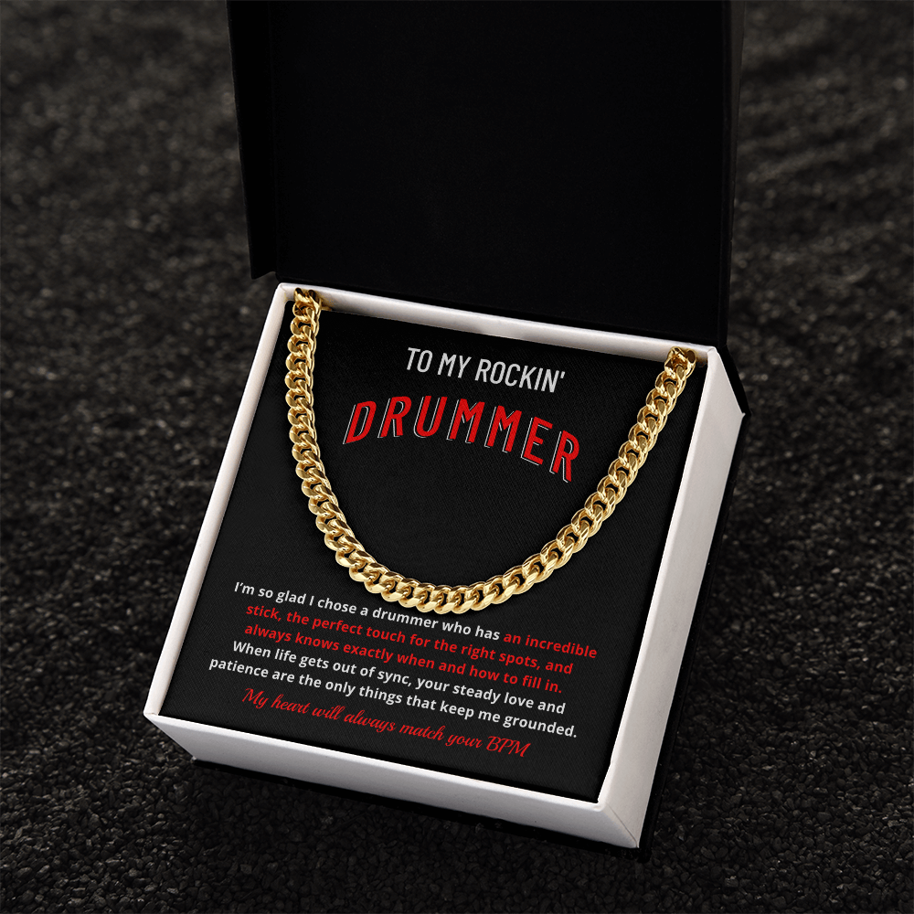 Drummer Husband Boyfriend Gift | "My Heart Matches Your BPM" Custom Message Card Cuban Chain for Him