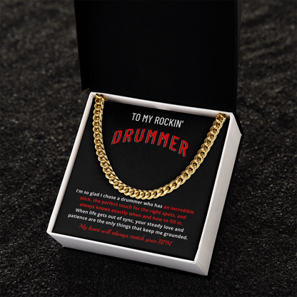 Drummer Husband Boyfriend Gift | "My Heart Matches Your BPM" Custom Message Card Cuban Chain for Him