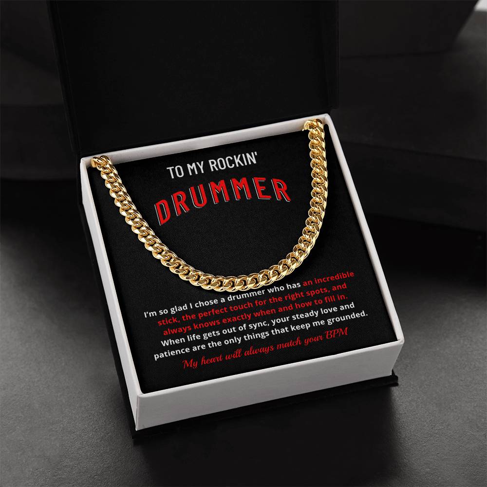 Drummer Husband Boyfriend Gift | "My Heart Matches Your BPM" Custom Message Card Cuban Chain for Him