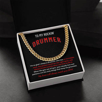 Drummer Husband Boyfriend Gift | "My Heart Matches Your BPM" Custom Message Card Cuban Chain for Him