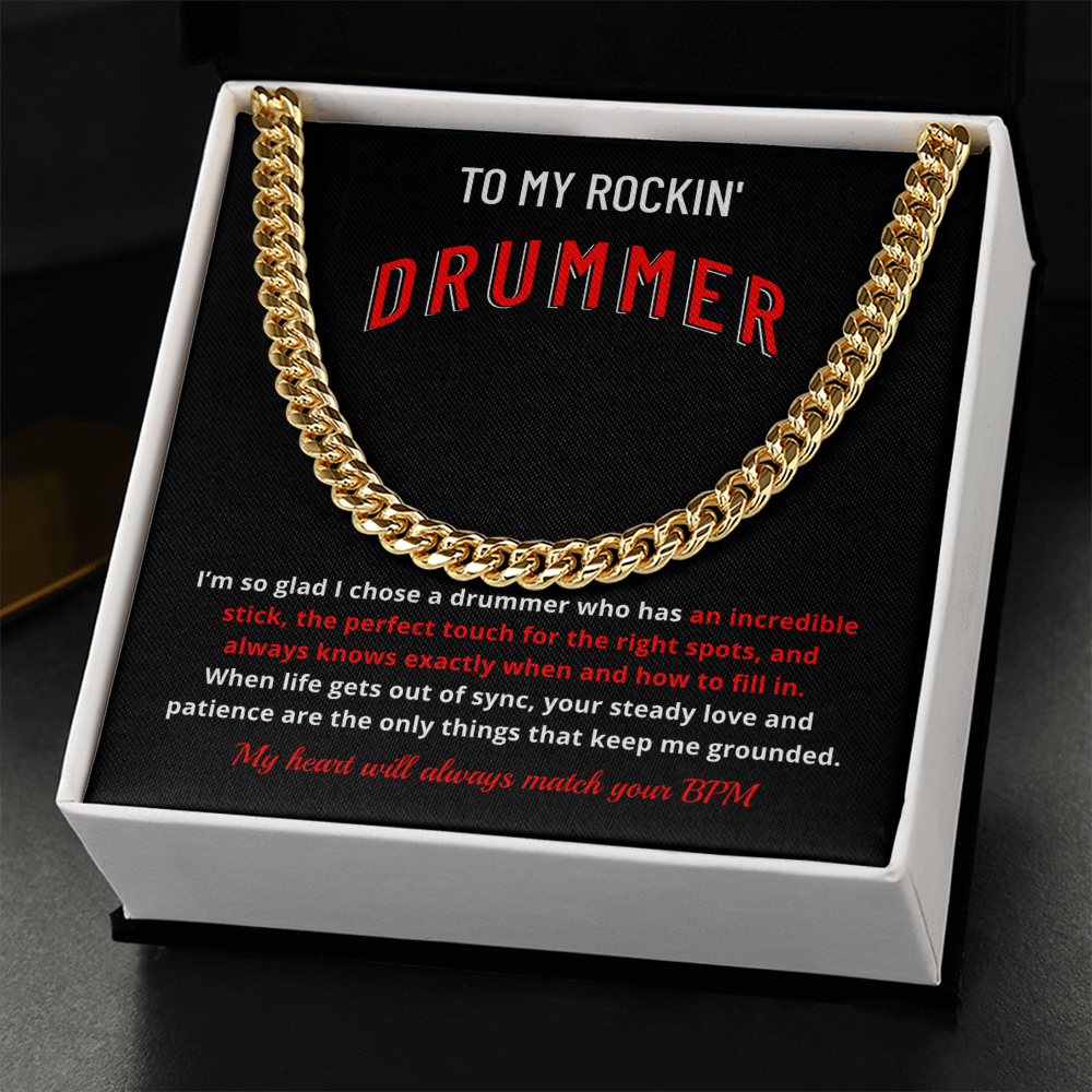 Drummer Husband Boyfriend Gift | "My Heart Matches Your BPM" Custom Message Card Cuban Chain for Him
