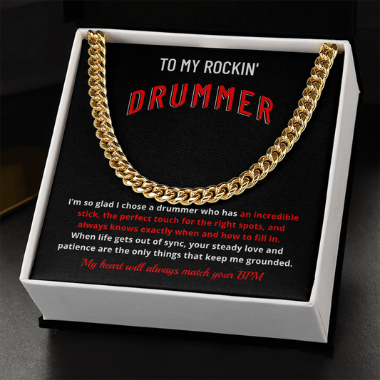 Drummer Husband Boyfriend Gift | "My Heart Matches Your BPM" Custom Message Card Cuban Chain for Him