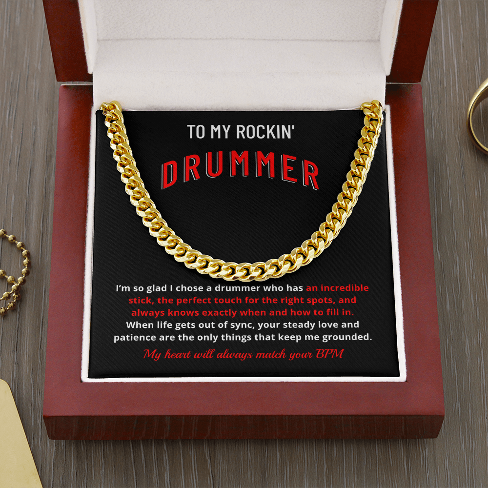 Drummer Husband Boyfriend Gift | "My Heart Matches Your BPM" Custom Message Card Cuban Chain for Him