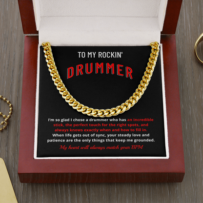 Drummer Husband Boyfriend Gift | "My Heart Matches Your BPM" Custom Message Card Cuban Chain for Him