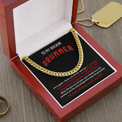 Drummer Husband Boyfriend Gift | "My Heart Matches Your BPM" Custom Message Card Cuban Chain for Him