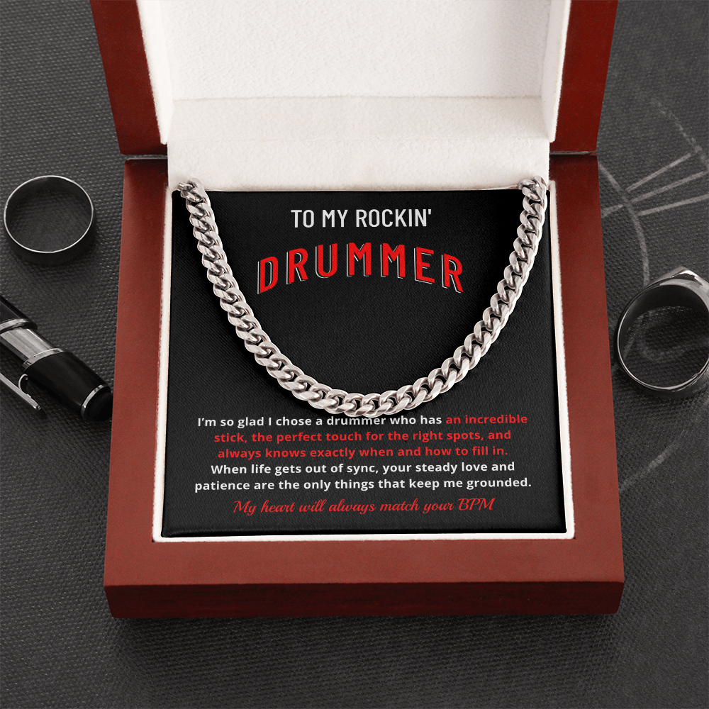 Drummer Husband Boyfriend Gift | "My Heart Matches Your BPM" Custom Message Card Cuban Chain for Him