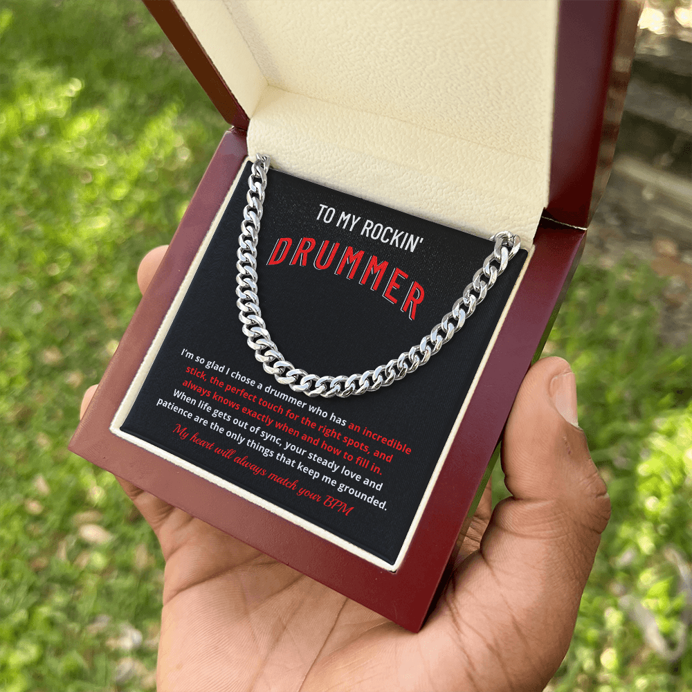 Drummer Husband Boyfriend Gift | "My Heart Matches Your BPM" Custom Message Card Cuban Chain for Him