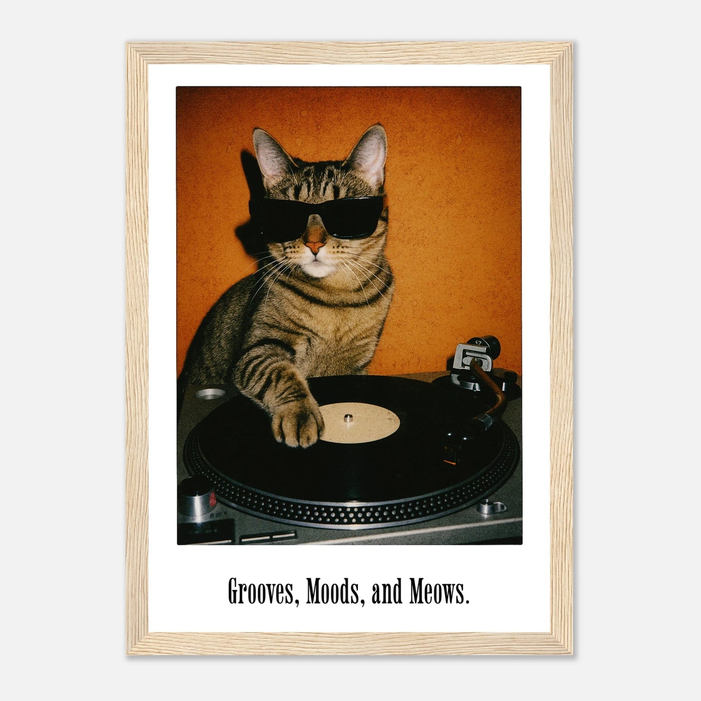 Retro DJ Cat Framed Poster | Grooves Moods and Meows Funny Cat Wall Art & Music Decor Musician Fusion