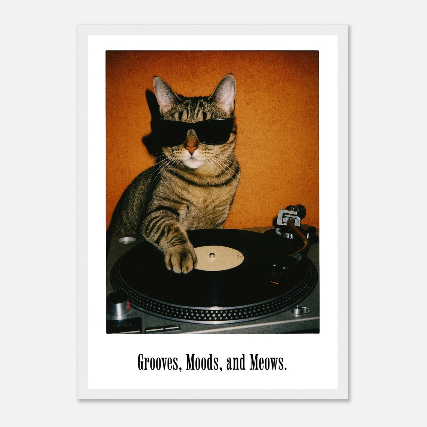 Retro DJ Cat Framed Poster | Grooves Moods and Meows Funny Cat Wall Art & Music Decor Musician Fusion