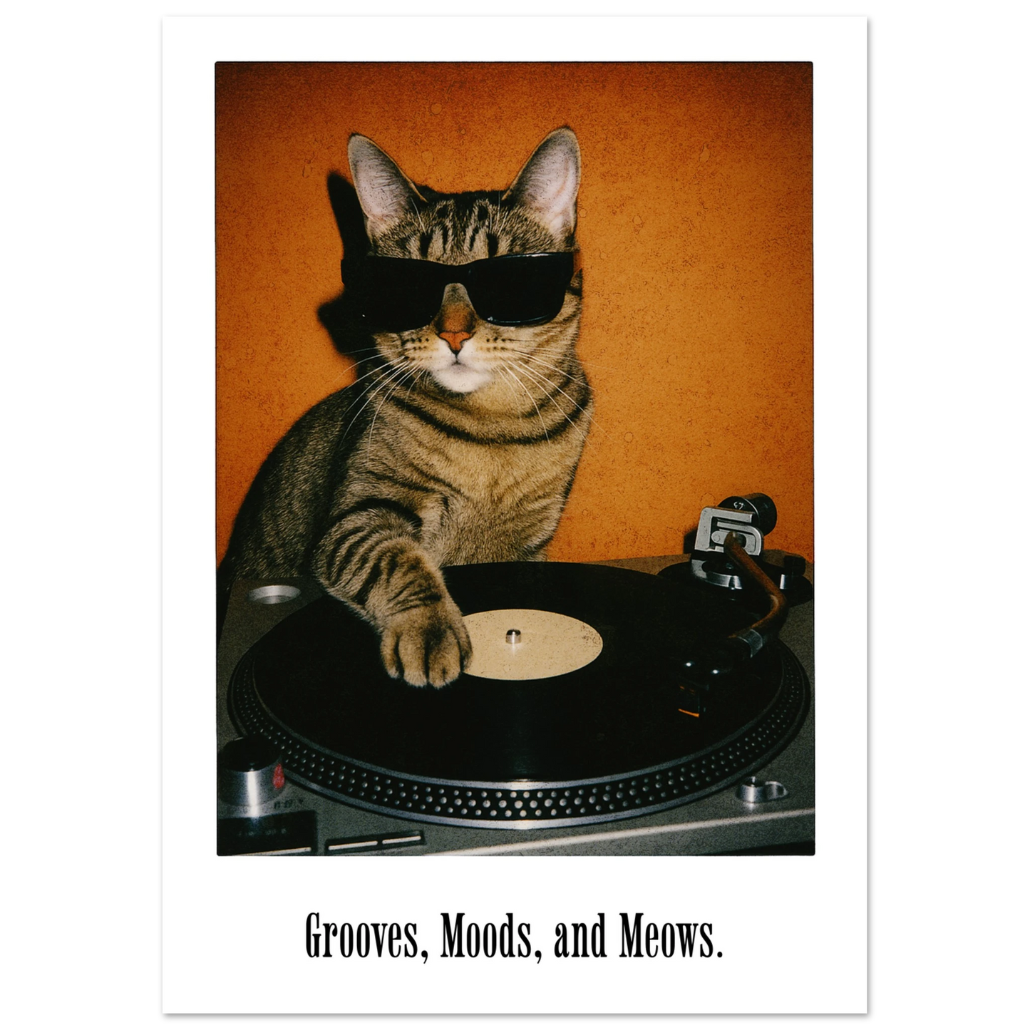 Retro DJ Cat Framed Poster | Grooves Moods and Meows Funny Cat Wall Art & Music Decor Musician Fusion