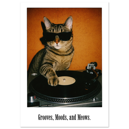 Retro DJ Cat Framed Poster | Grooves Moods and Meows Funny Cat Wall Art & Music Decor Musician Fusion
